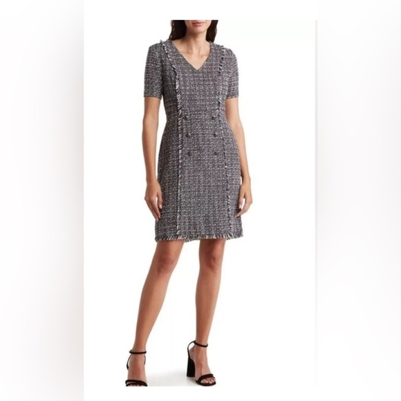 Nanette Lepore MOJAVE BOUCLÉ Minidress Black White Tweed Size 8 New V Neck - Picture 1 of 10